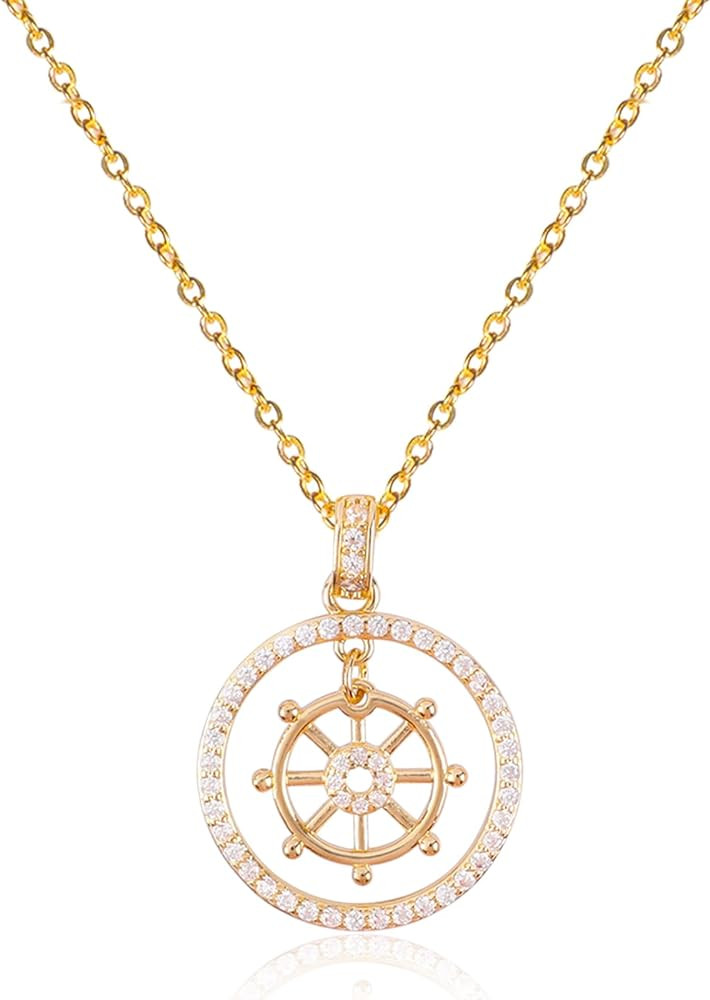 Gold Pendant Necklace Flower Rudder Compass Necklace for Women, Four Leaf Clover Saturn Moon Star... | Amazon (US)
