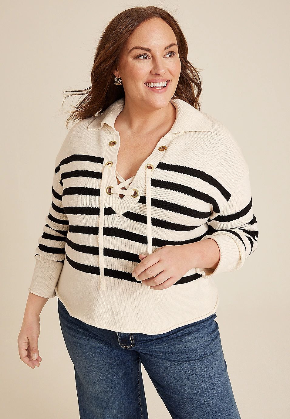 Plus Size Stripe Lace Up Collared Sweater | Maurices