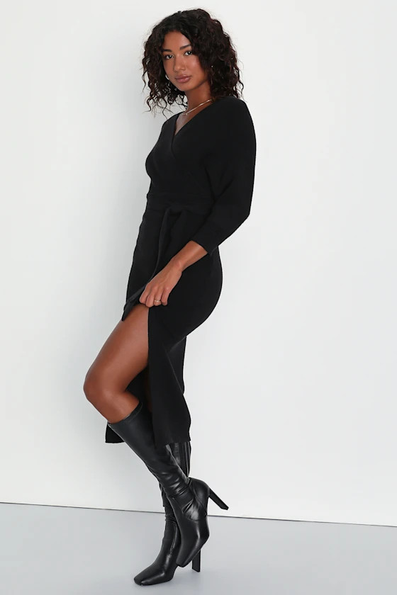 Fall into Fashion Black Dolman Sleeve Sweater Midi Dress | Lulus