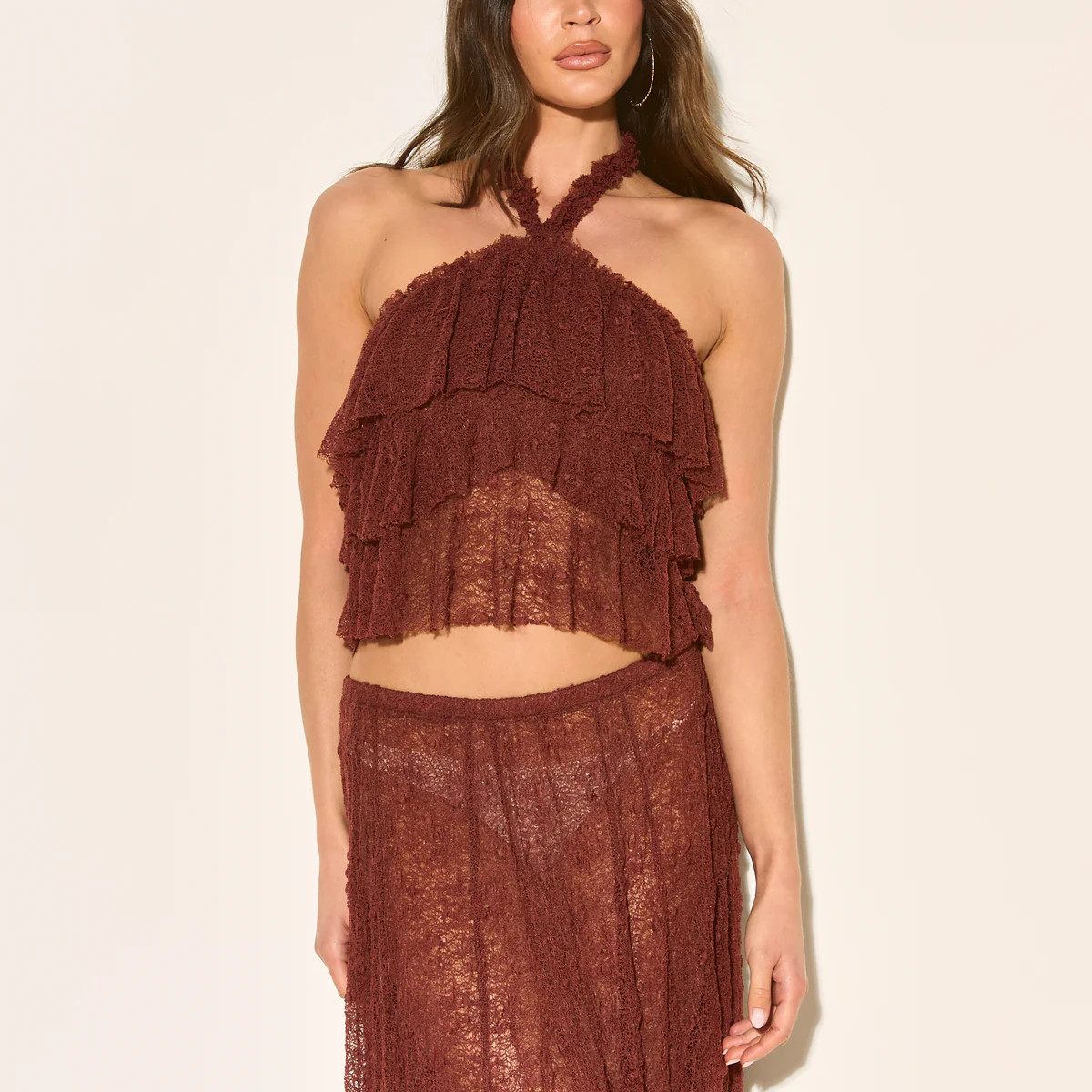 LIRA Brown Lace Halter Top | Noughts and Kisses