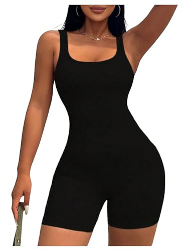 WDIRARA Women's Workout Romper Gym Yoga Unitard Square Neck One Piece Shorts Jumpsuit Black Small | Amazon (US)