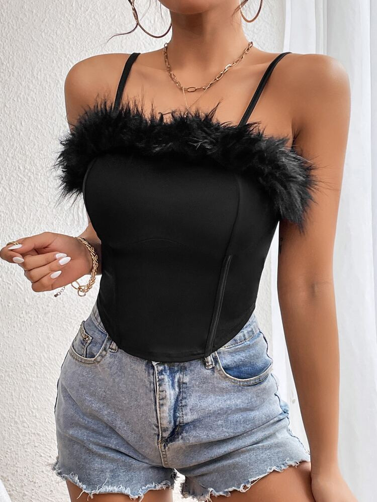 SHEIN BAE Fuzzy Trim Cami Top | SHEIN