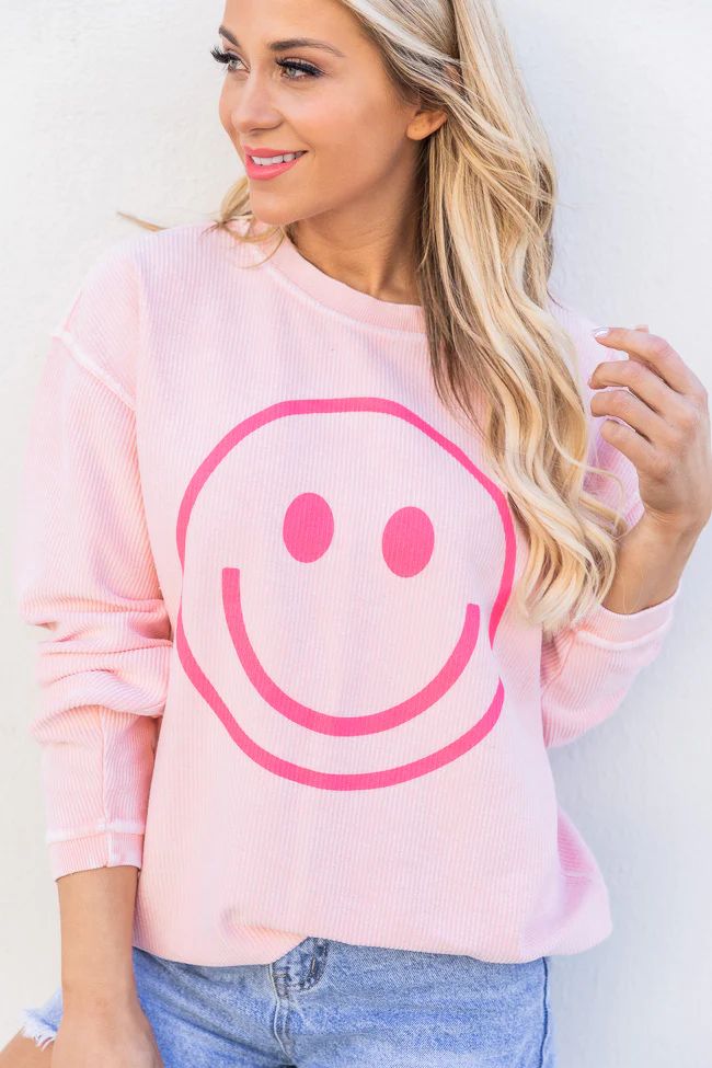Smiley Face Pink Corded Graphic Sweatshirt | Pink Lily