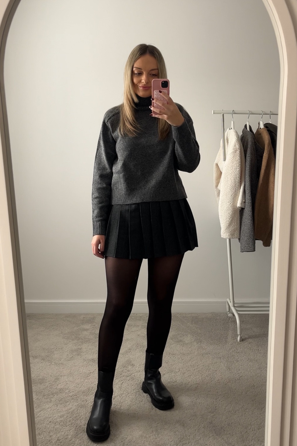 H&M Autumn Ootd 🩶☕️🍂 

Grey sweater and grey pleated skirt.

Autumn Winter Style, Autumn Winter Fashion, Outfit Inspiration, grey sweater , grey Pleated Skirt, Boots.

#LTKeurope #LTKuk #LTKautumn