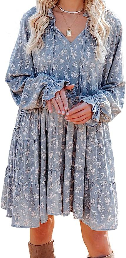 Ecrocoo Womens Sexy V Neck Long Sleeve Boho Floral Print Mini Dress A Line Swing Dresses | Amazon (US)