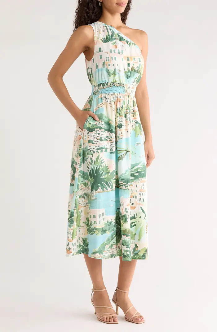 Piti Town Islay Smocked One-Shoulder Midi Dress | Nordstrom