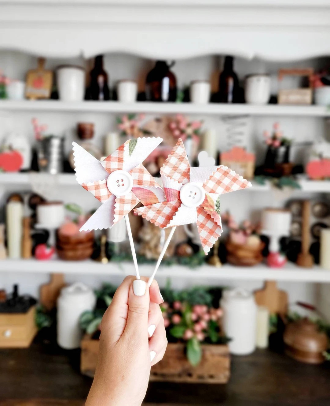 Gingham/Peach set of 2 pinwheels, Peach Decor, Peach Home Decor, Peaches, peach tiered tray, peac... | Etsy (US)