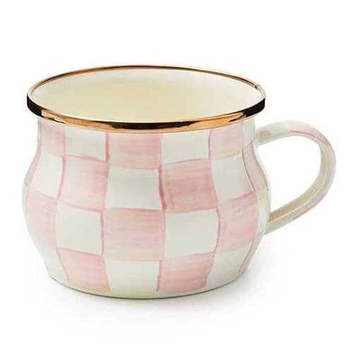 MACKENZIE-CHILDS Enamel Teacup, Unique Coffee and Tea Mug, Enamel Cup for Hot Tea, 10 Ounces, Pink-and-White Rosy Check | Amazon (US)