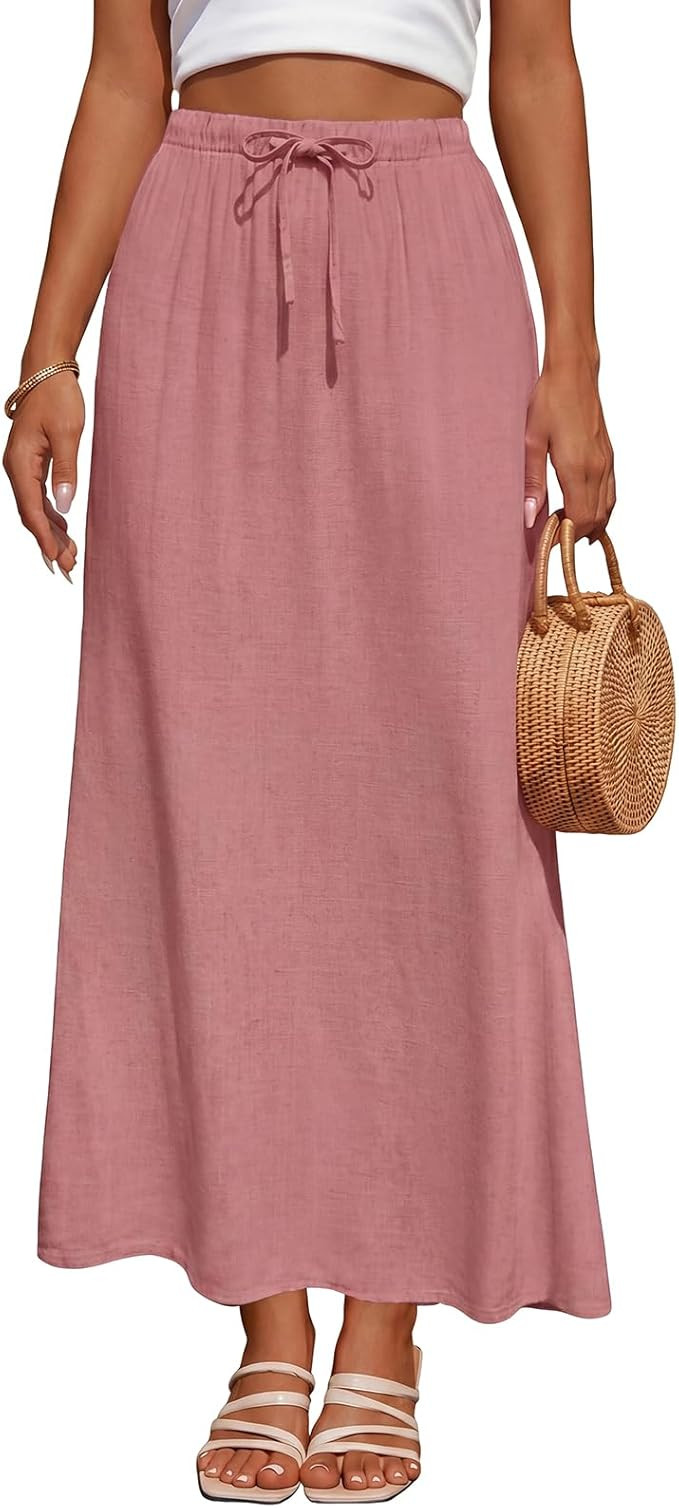 Women's Linen Maxi Skirt Drawstring Back Slit Elastic High Waisted Flowy 2026 Summer White Long S... | Amazon (US)