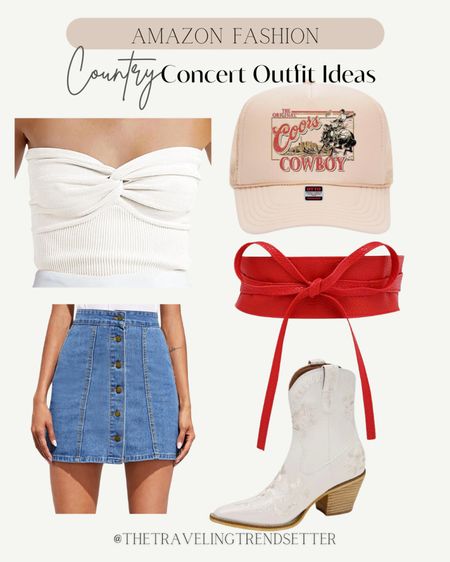 Amazon western fashion - denim skirt mini skirt - tube top - trucker hat - belt - booties - country concert outfit - spring fashion  - summer fashion from Amazon - country - music festival 