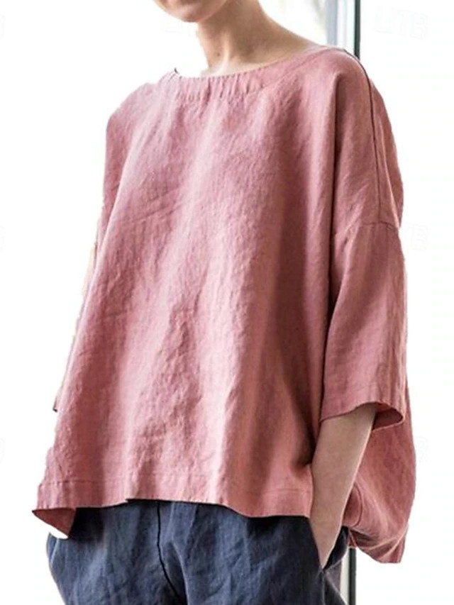Women's Shirt Linen-Inspired Shirts Blouse Plain Fashion Round Neck Street Daily Sexy Yellow Pink... | Lightinthebox