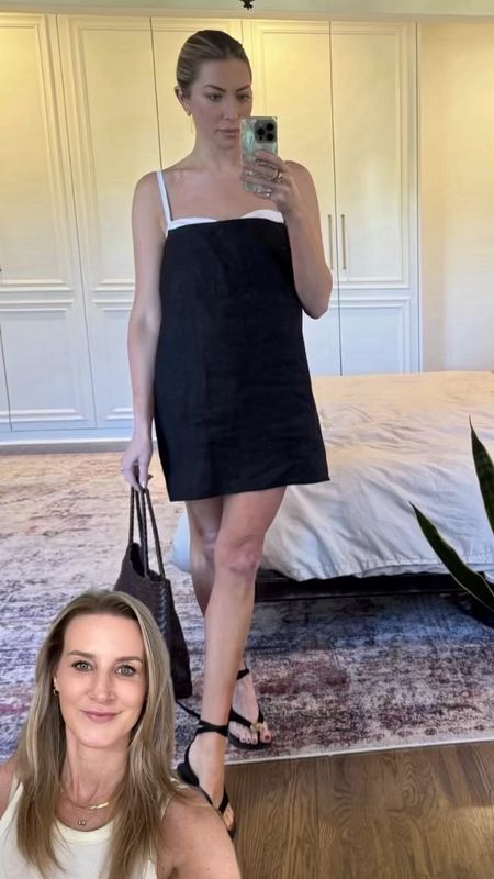 Who designed Stassi Schroeder's Lightweight, non-stretch linen mini dress, black beachy suede sandals with gleaming goldtone disc, slim wraparound ankle ties and black hand-woven tote bag ? I found everything she's wearing as well as look for less options so you can re-create Stassi's entire look on a budget and it is all linked for you on my LTK page @CelebStyleGuide linked in my profile #StassiSchroeder #StassiSchroederoutfit #celebritystyle #celebritystyleexpert 

#LTKStyleTip #LTKSaleAlert