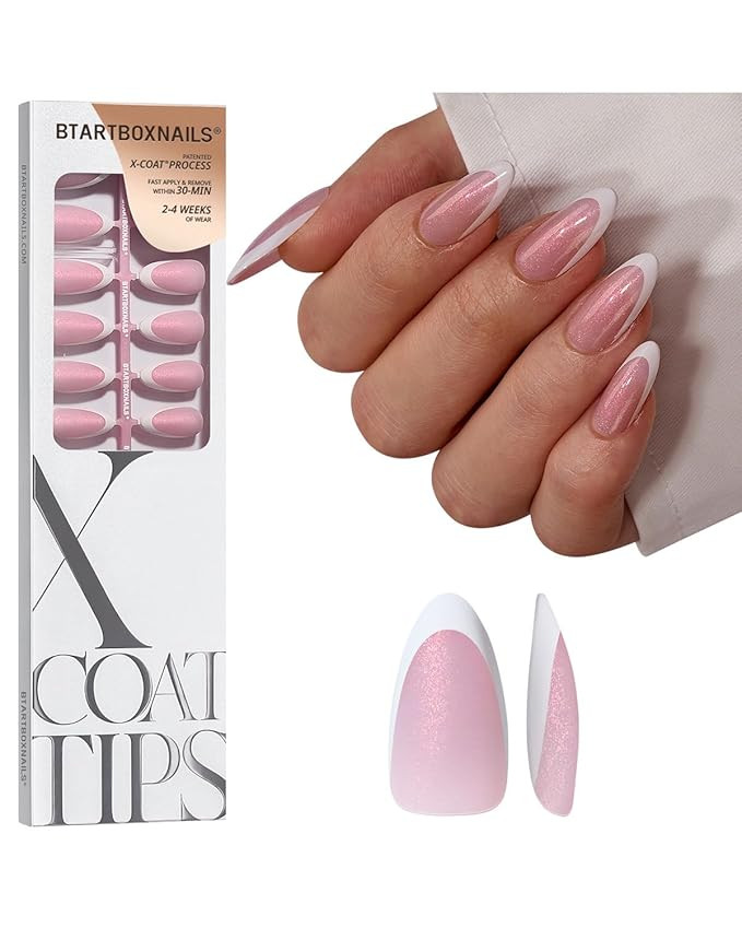 BTArtboxnails XCOATTIPS French Tip Press On Nails - Pink Glitter Base Medium Almond Press On Nail... | Amazon (US)