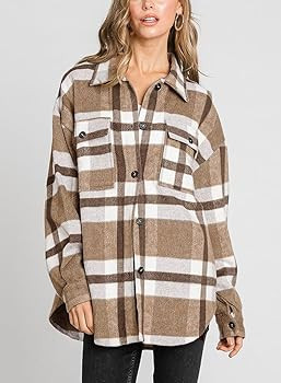 Beaully Women's Flannel Plaid Shacket 2025 Fall Outfits Long Sleeve Button Down Shirts Jacket Coa... | Amazon (US)