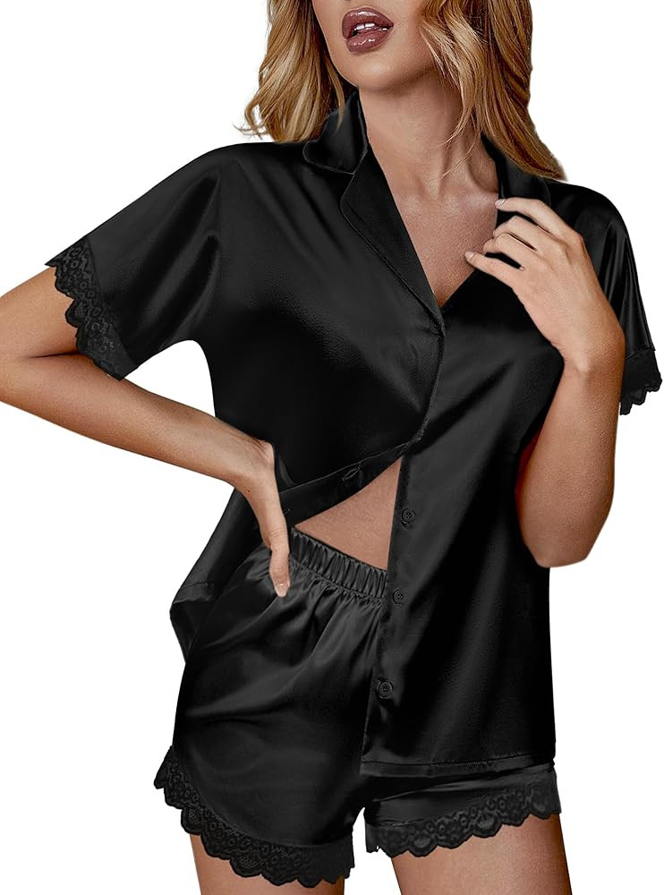 Ekouaer Womens Lace Satin Pajama Set Button Down Pj Shorts Set Bridesmaids Getting Ready Outfits ... | Amazon (US)