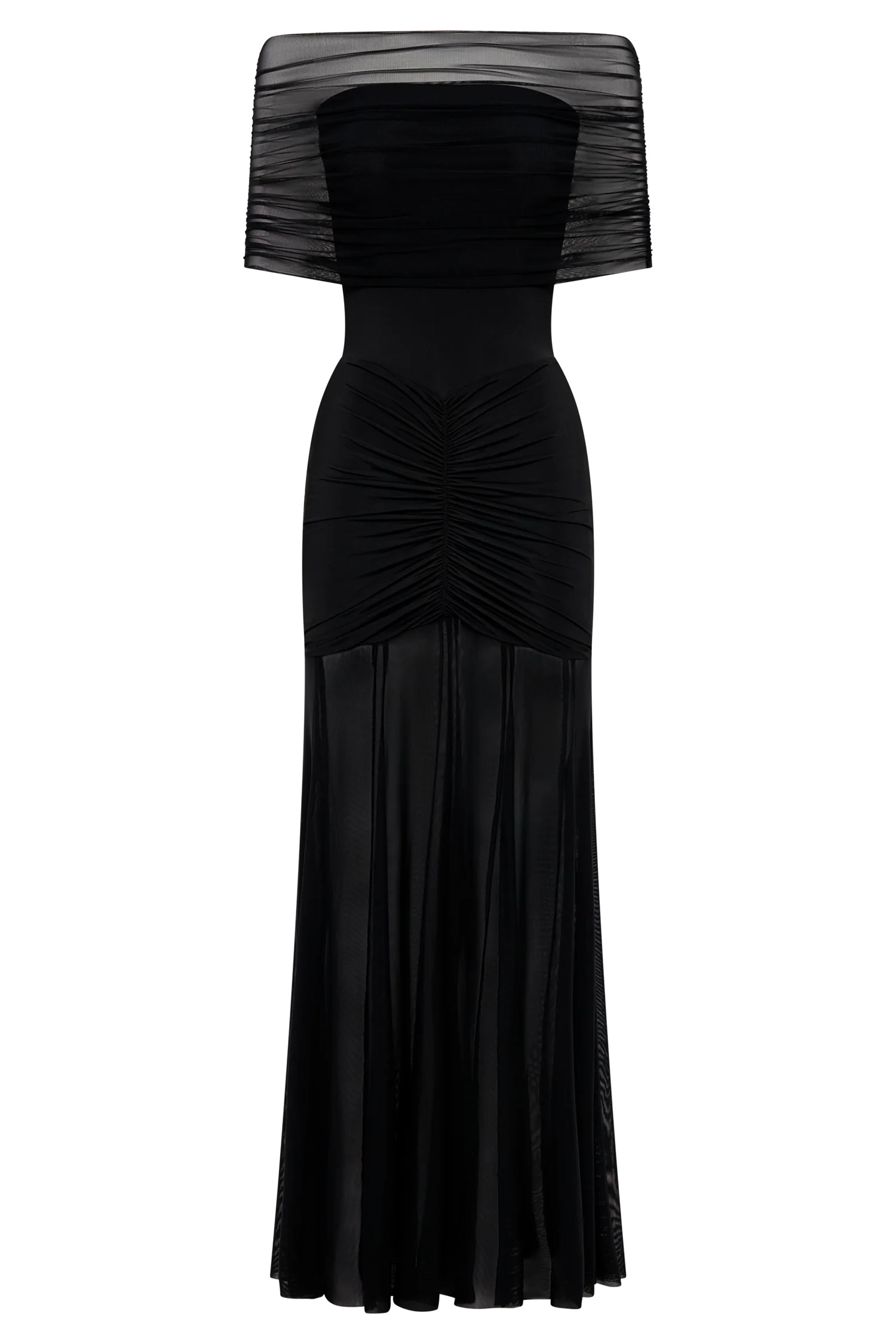 Caspian Slinky And Mesh Off Shoulder Maxi Dress - Black | Meshki UK
