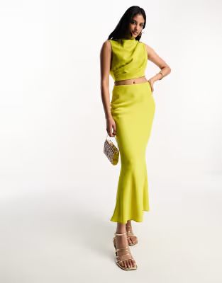 ASOS DESIGN satin high neck cut out waist midi dress in chartreuse | ASOS (Global)