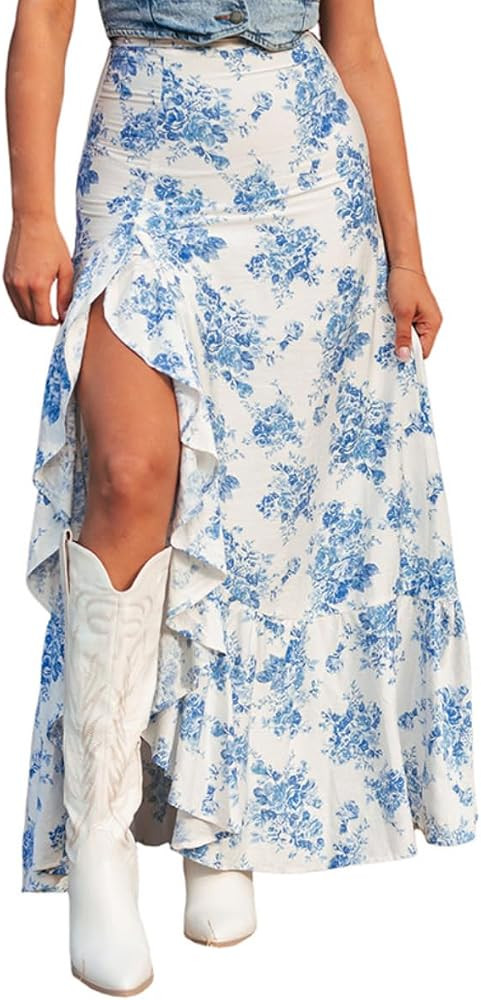 Apvirdy Women's Boho Floral High Waist Ruffle Split Maxi Skirt Prnted Slim Fit Summer Flowy Long ... | Amazon (US)