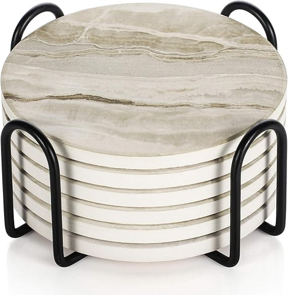 LIFVER Drink Coasters with Holder, Absorbent Coaster Sets of 6, Marble Style Ceramic Drink Coaste... | Amazon (US)