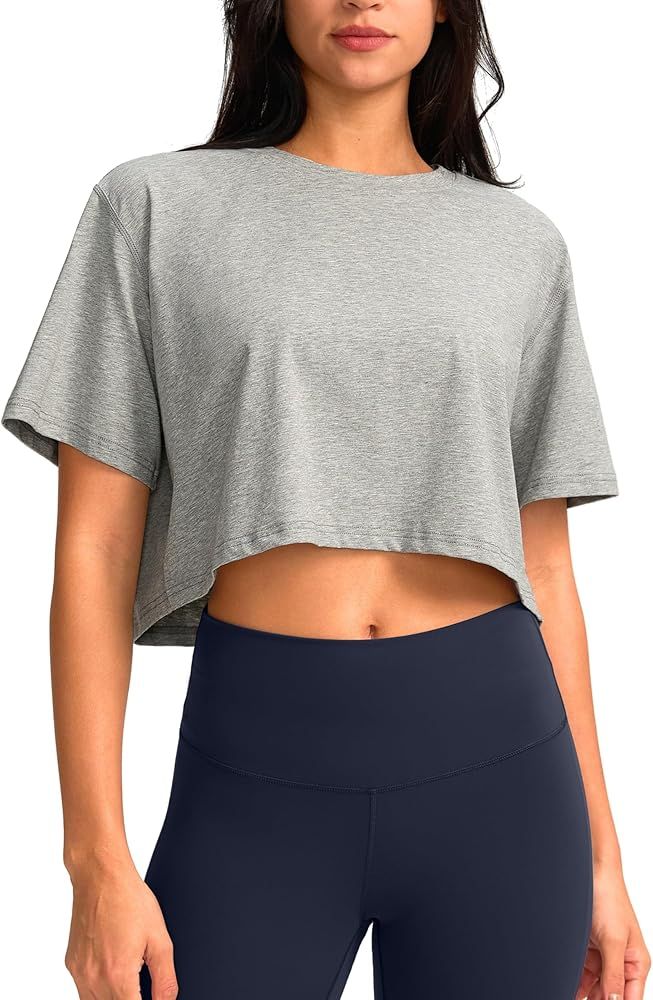 SANTINY Cotton Crop Workout Tops for Women Short Sleeve Running Shirts Cropped T-Shirt Yoga Athle... | Amazon (US)