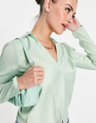 ASOS DESIGN slim fit satin shirt in sage | ASOS (Global)