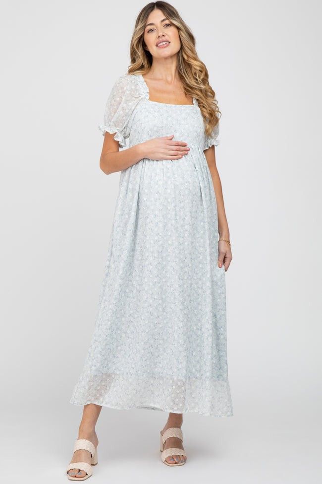 Light Blue Floral Puff Sleeve Maternity Midi Dress | PinkBlush Maternity