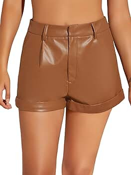 MakeMeChic Women's Faux Leather High Waist Flap Pocket Roll Hem PU Leather Shorts Brown B | Amazon (US)
