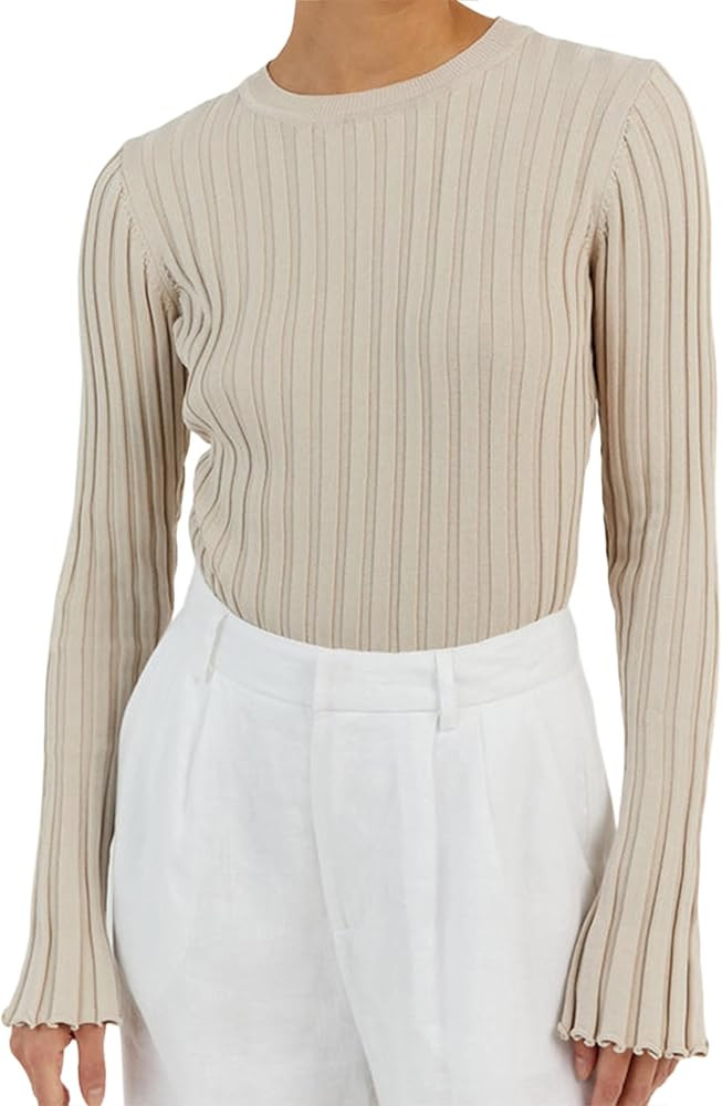 RONGCAT Women's Long Sleeve Crewneck Shirts Slim Fit Ribbed Knit Sweater Pullover Casual Solid St... | Amazon (US)