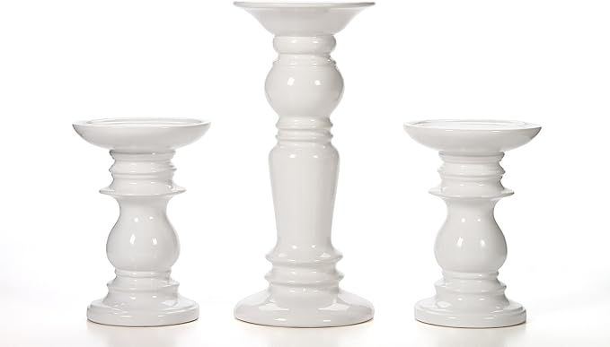 Hosley Set of 3 Ceramic White Pillar Candle Holders Two 6 Inch and One 9.5 Inch High. Ideal for L... | Amazon (US)