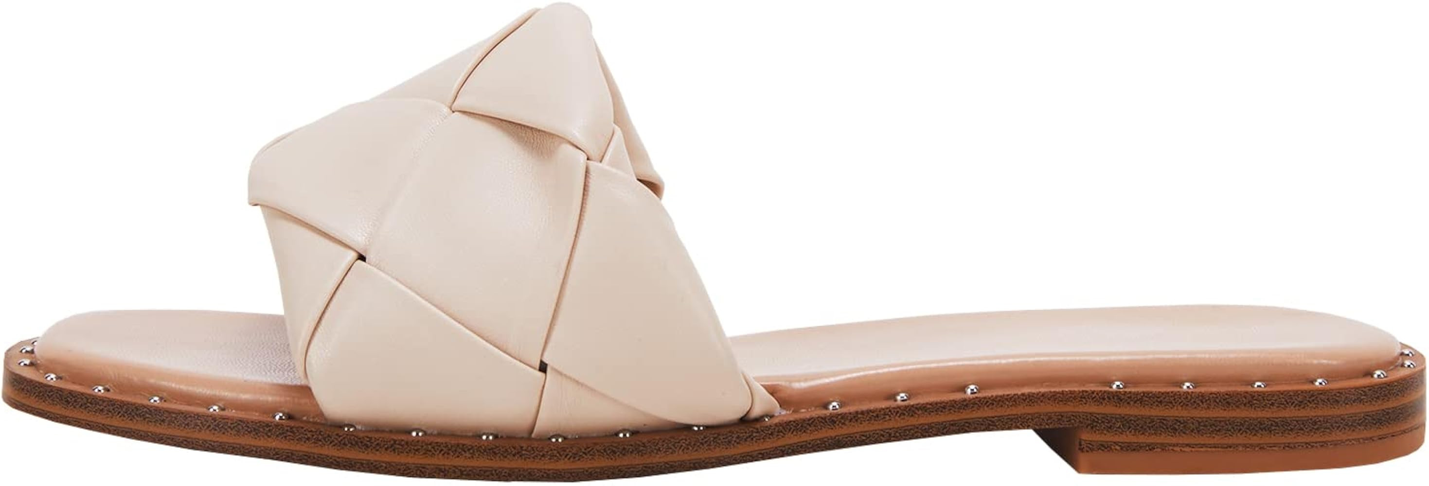 Women's Square Open Toe Woven Leather Single Band Comfort Slides Slid on Flat Sandals | Amazon (US)