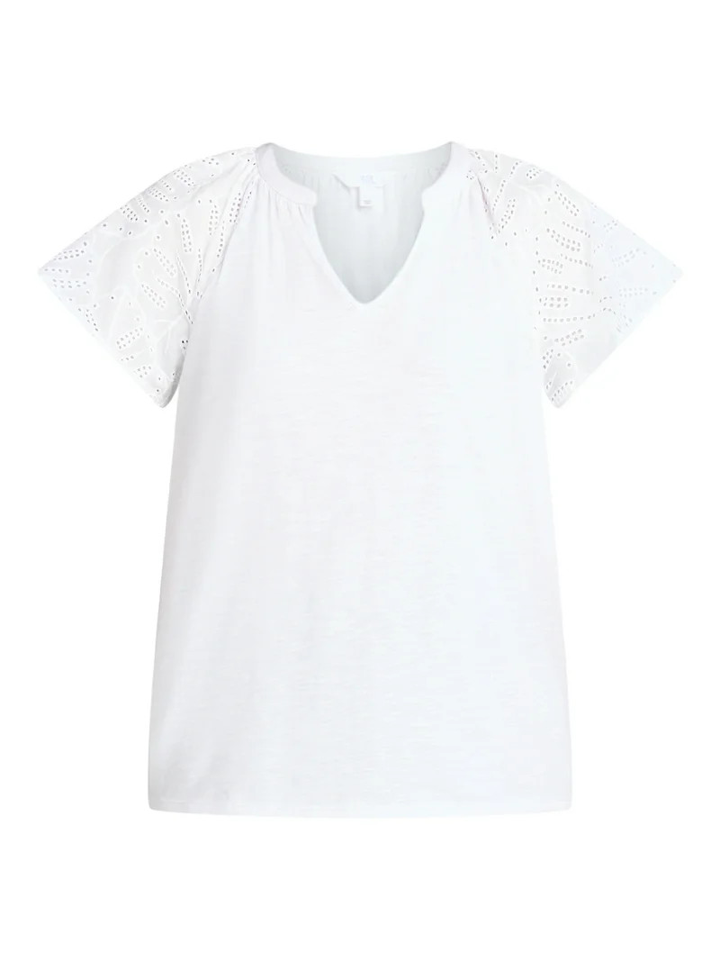 Time Tru Women's Mixed Media Cotton Top with Eyelet Flutter Sleeves, Sizes XS-XXXL | Walmart (US)