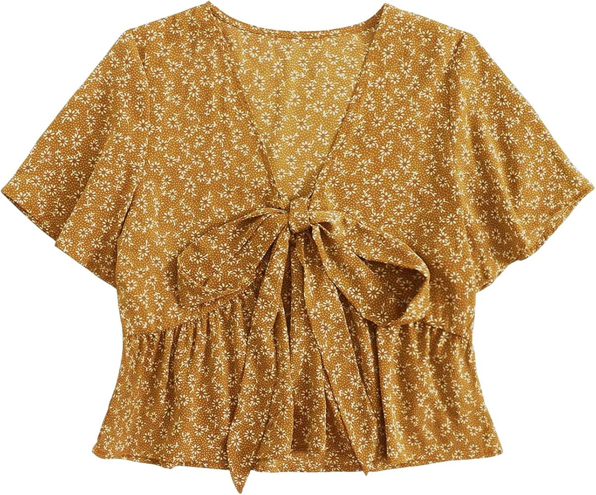 LYANER Women's Floral Print V Neck Tie Knot Ruffle Hem Short Sleeve Blouse Peplum Top | Amazon (US)
