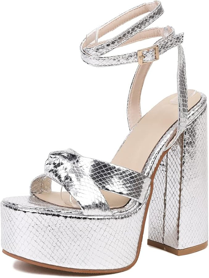 YIYA Women's Metallic Platform Chunky Heeled Sandals Open Round Toe Strappy Heels Ankle Strap Wed... | Amazon (US)