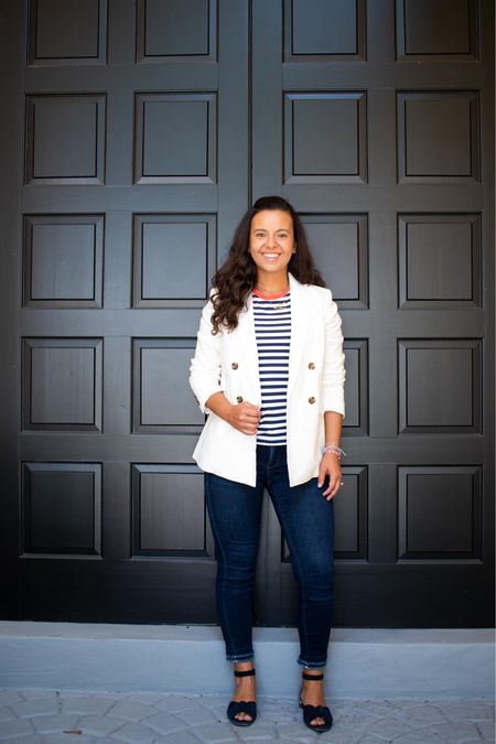 Styling a white blazer with nautical stripes for spring & summer! This is a great travel look too!

#LTKxNSale #LTKstyletip #LTKtravel