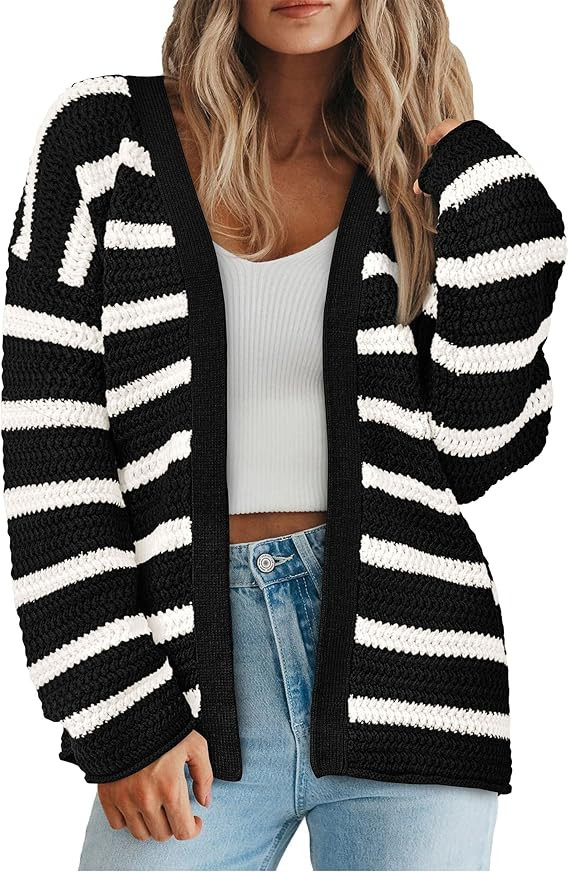 PRETTYGARDEN Women's 2024 Fall Striped Open Front Cardigan Sweaters Chunky Knit Long Sleeve Loose... | Amazon (US)