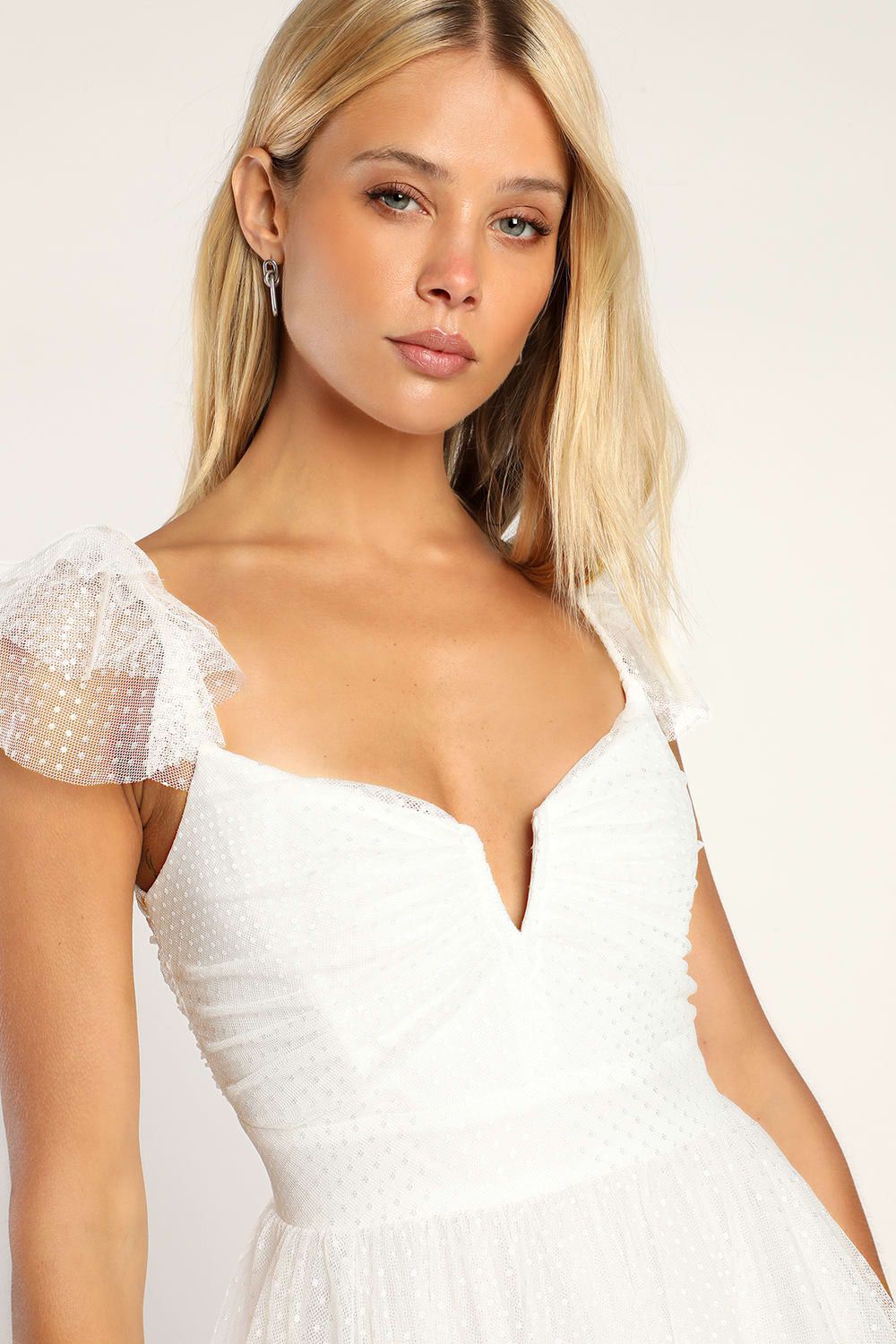 Flirtatious Feeling White Tulle Flutter Sleeve A-Line Midi Dress | Lulus (US)