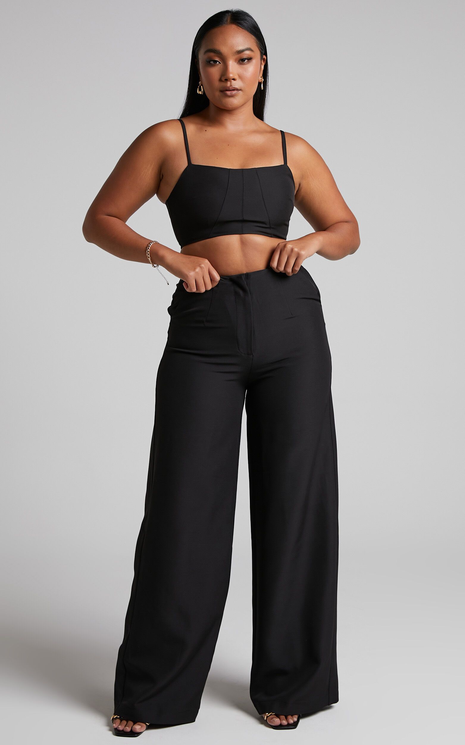 Alba Structured Crop Top and Wide Leg Pants Two Piece Set in Black | Showpo (US, UK & Europe)