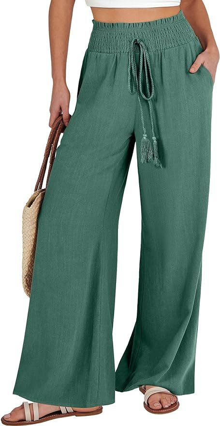ANRABESS Women's Linen Palazzo Pants Summer Casual Vacation High Waist Wide Leg Trousers Trendy L... | Amazon (US)