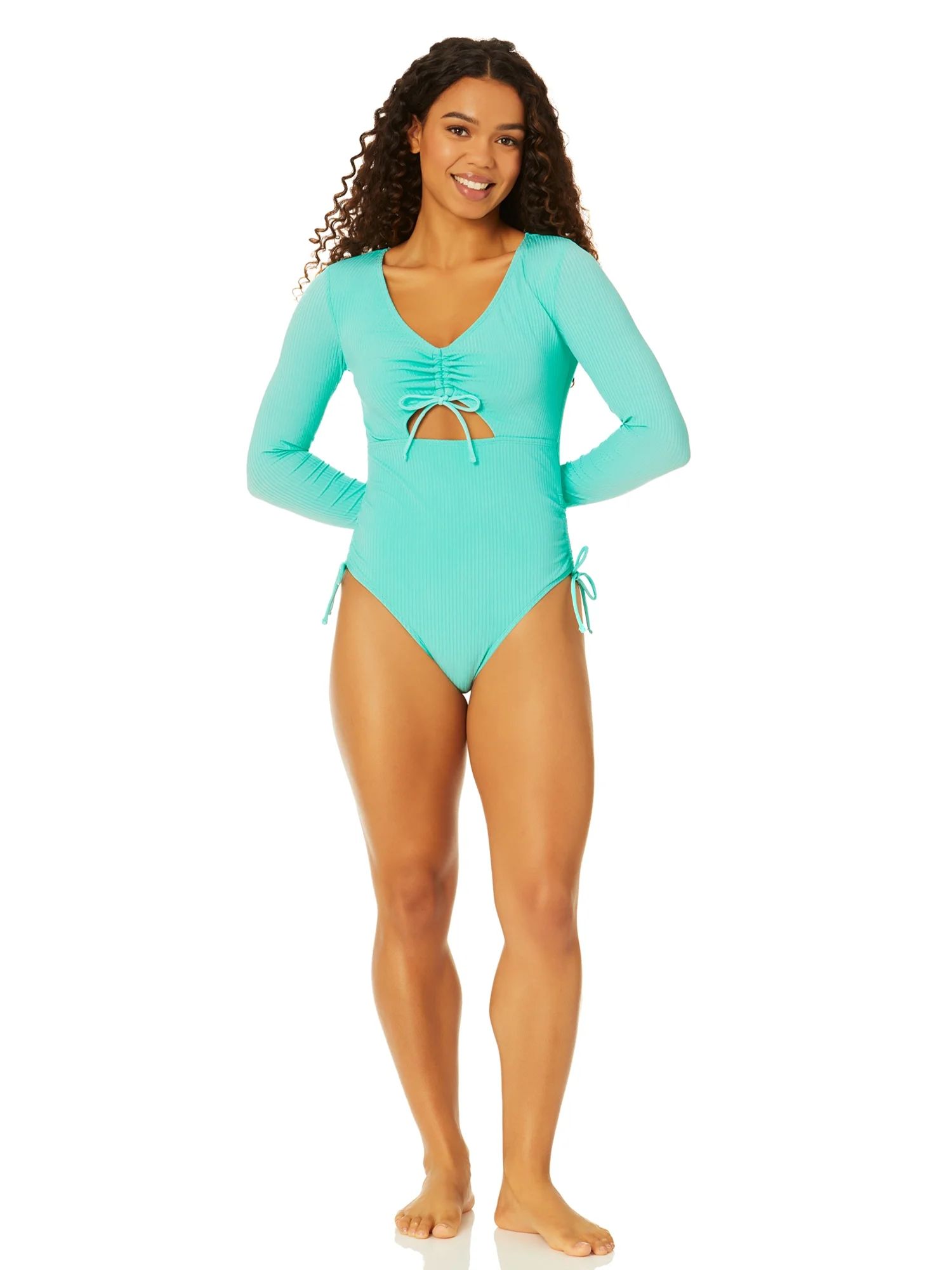 Celebrity Pink Juniors Aqua One Piece Swimsuit with Long Sleeves, Sizes S-2XL - Walmart.com | Walmart (US)
