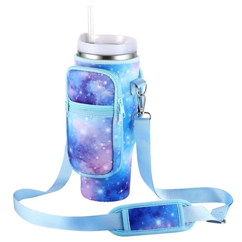 OUTXE Water Bottle Carrier Bag for 40oz Stanley Tumbler with Handle& Simple Modern, Water Bottle Holder with Adjustable Strap& Phone Pocket, Water Cup Pouch for Walking, Travel (Blue Starry Sky) | Amazon (US)