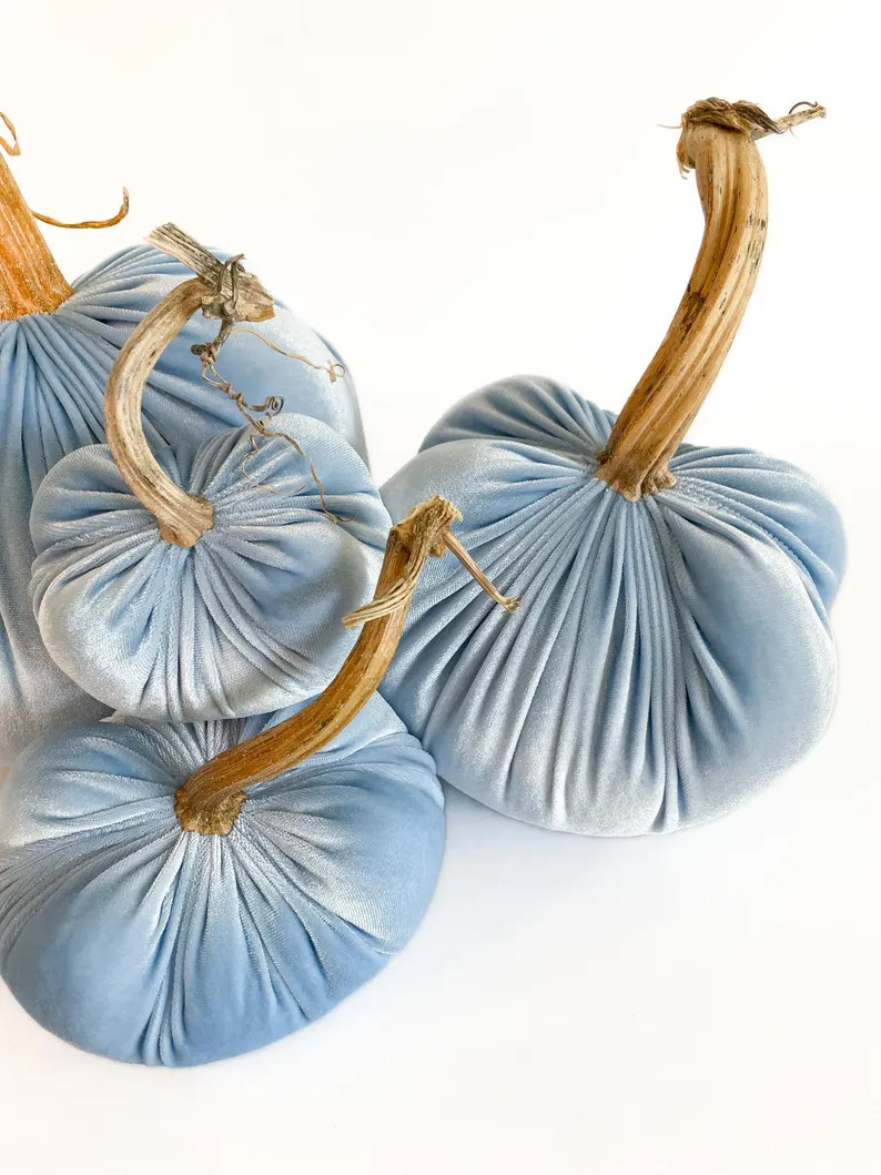 Powder Blue Velvet Pumpkins Real Stems, Handmade Fabric Pumpkin, Entry Bowl Fillers, Autumn Shelf... | Etsy (US)