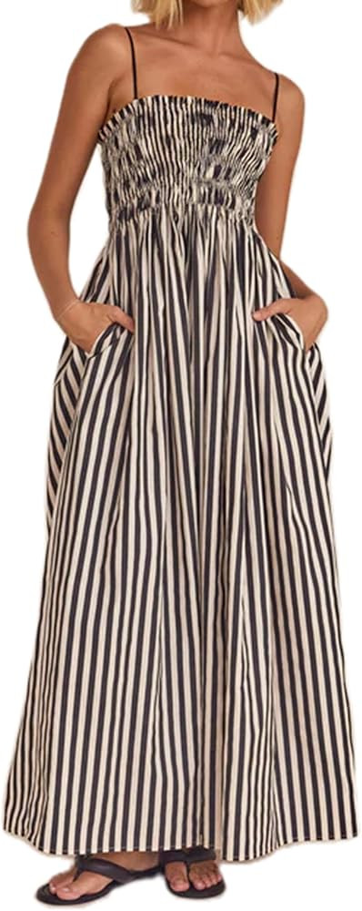 Women Summer Striped Maxi Dress Flowy Spaghetti Strap Smocked Midi dress Swing Backless Boho Beac... | Amazon (US)
