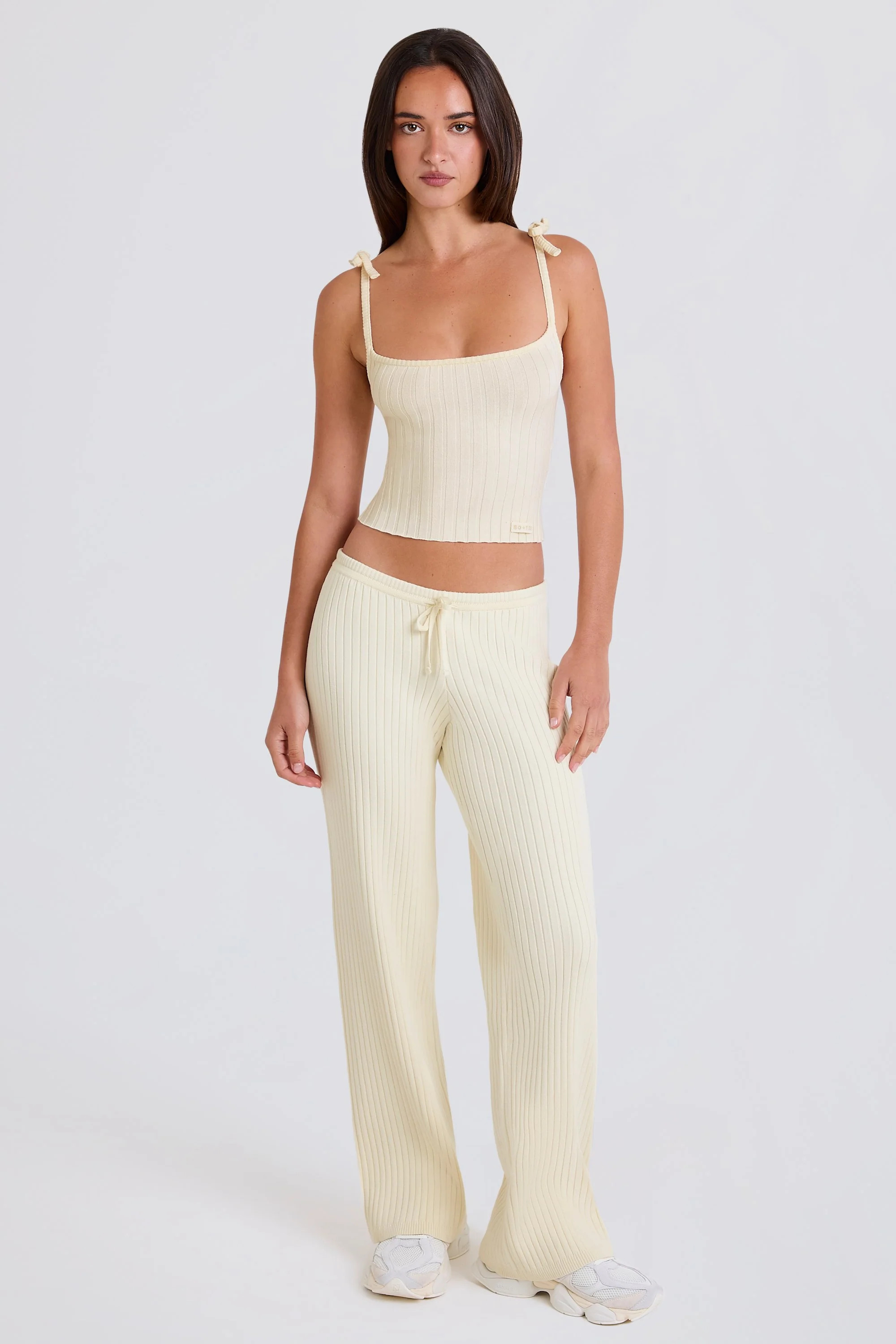 Ribbed-Knit Wide-Leg Joggers in Cream | Bo&Tee