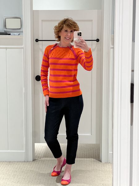 One of spring’s hottest color combos is pink and orange! 
🩷🧡

My cable knit sweater has fun zip detail on the shoulders! I paired it with these flattering dark faux denim flat-front ankle pants and the cutest pair of cap toe ballet flats!

Follow my shop @emptynestblessed on the @shop.LTK app to shop this post and get my exclusive app-only 

#LTKstyletip #LTKshoecrush #LTKfindsunder100
