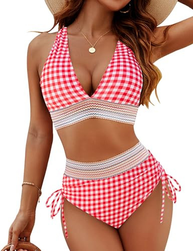 Blooming Jelly Womens High Waisted Bikini Tummy Control Color Block Swimsuits Two Piece Bathing Suit (L, Red White Plaid) | Amazon (US)