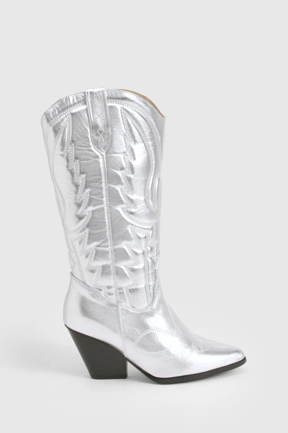 Silver Wide Fit Metallic Knee High Western Cowboy Boots | Boohoo | Boohoo.com (UK & IE)