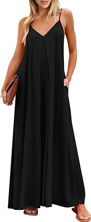 ANRABESS Women's Summer Casual Spaghetti Strap V Neck Oversized Wide Leg Jumpsuit Pockets Beach T... | Amazon (US)