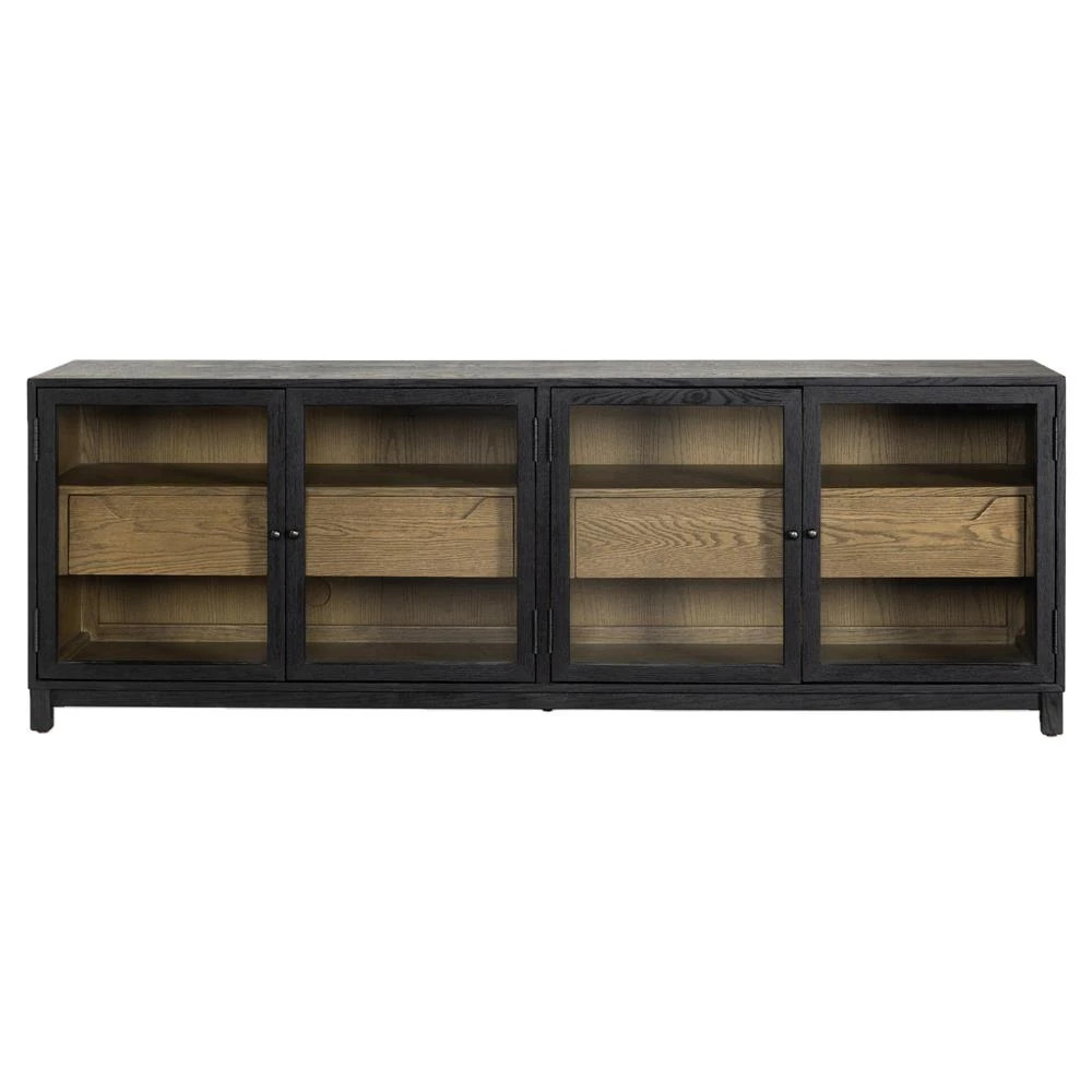 Clarence Rustic Lodge Black Oak Wood Clear Glass 4 Door Media Cabinet - 78"W | Kathy Kuo Home
