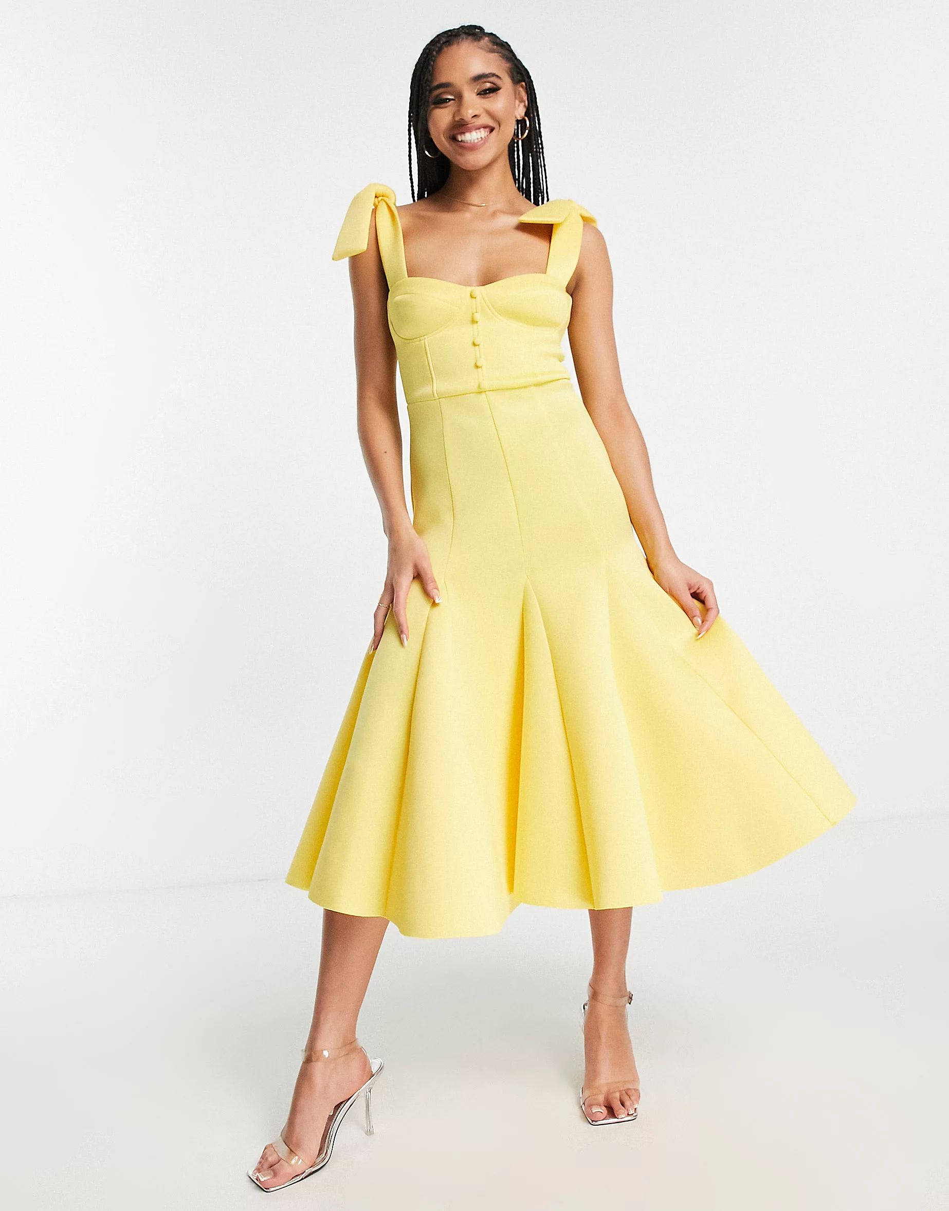 ASOS DESIGN  cupped tie shoulder midi prom dress in lemon | ASOS (Global)