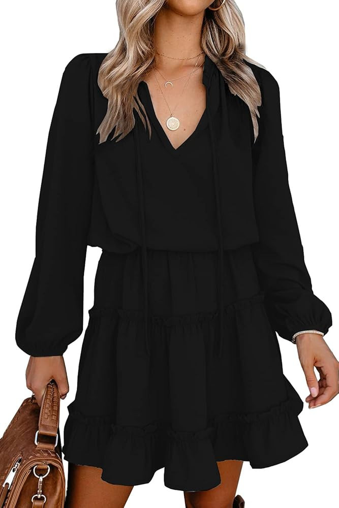 BTFBM Women Casual Summer Spring Dresses 2025 Tie Neck Long Sleeve High Waist Tiered Ruffle Aline... | Amazon (US)